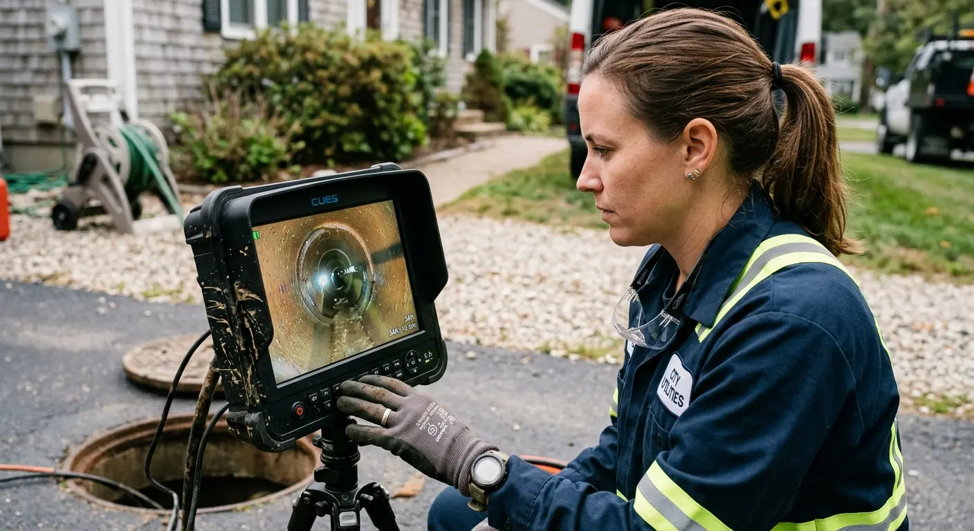 Technician reviewing sewer camera inspection footage in Cheverly
