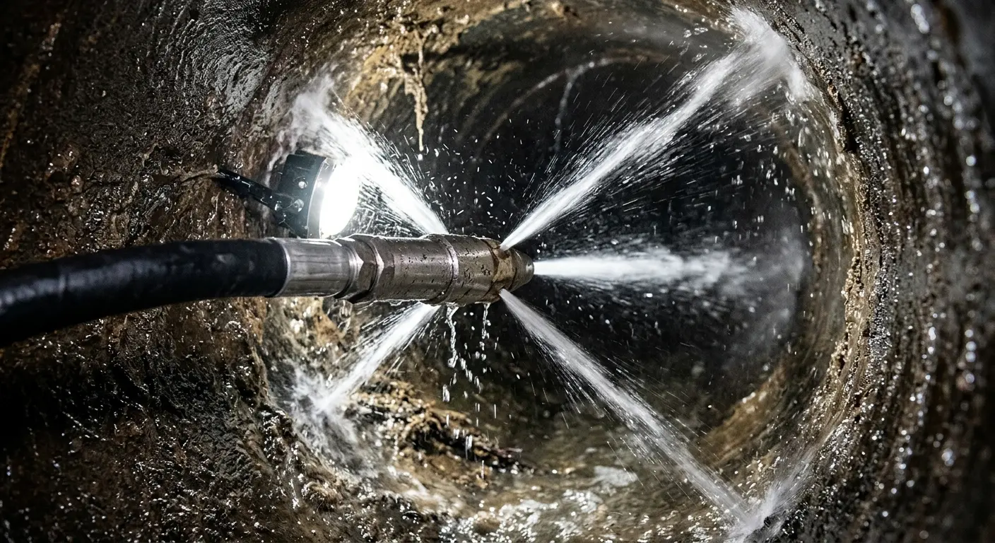 High-pressure hydro jetting nozzle cleaning sewer pipe for Trenchless Sewer Repair in Cheverly