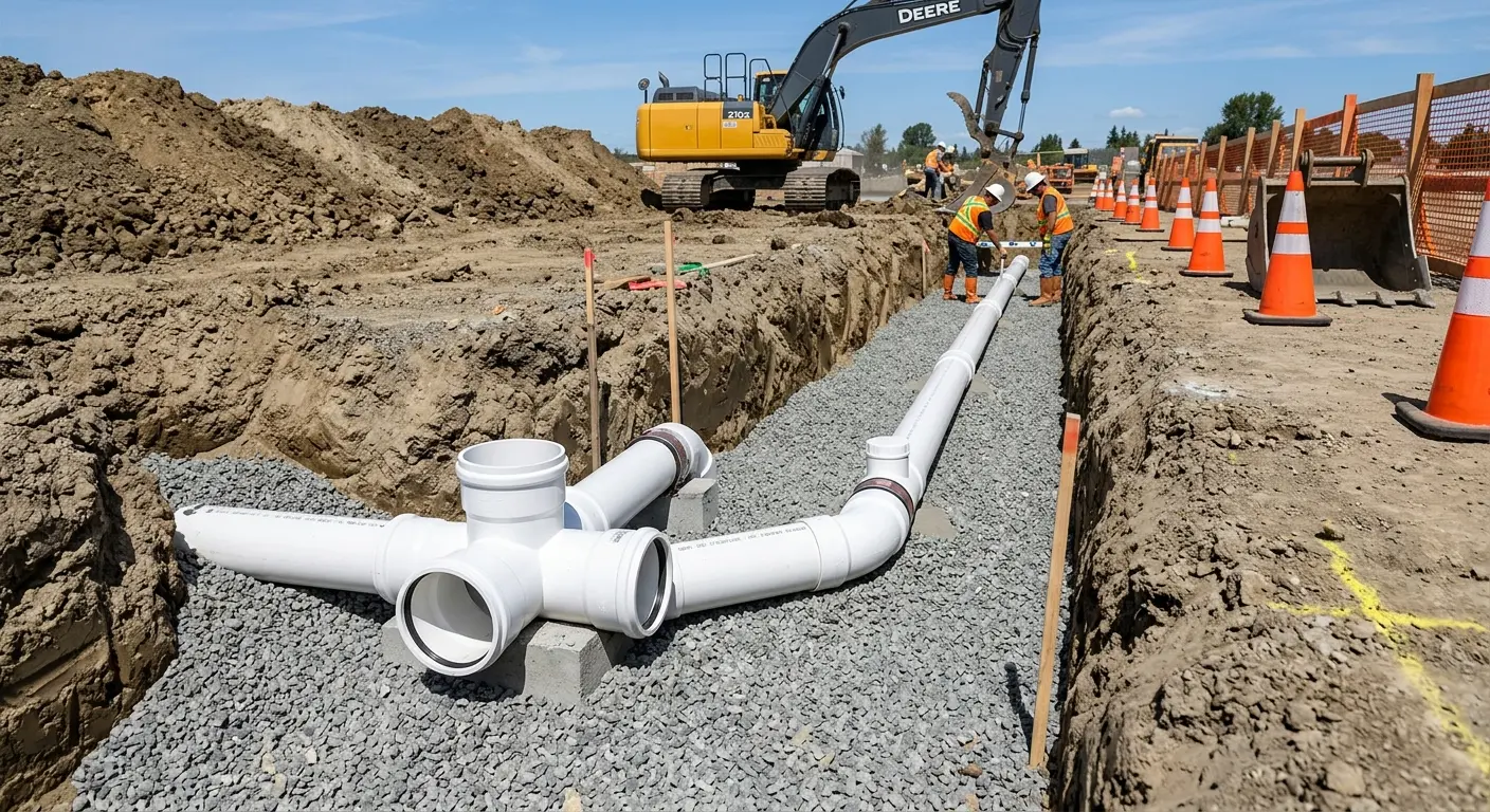 New PVC sewer pipe installation in open trench for Commercial Drain Cleaning in Cheverly