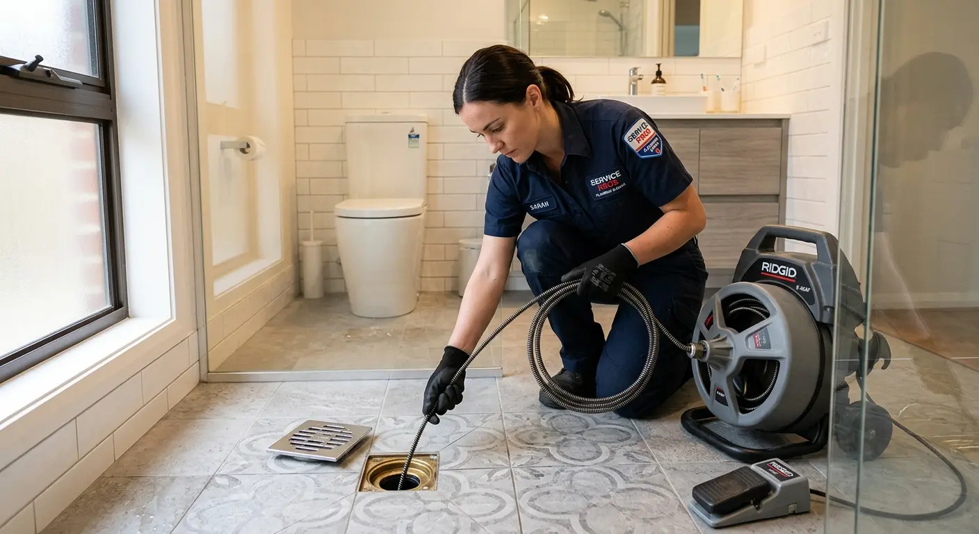 Technician clearing a bathroom floor drain for Clogged Drain Repair in Cheverly